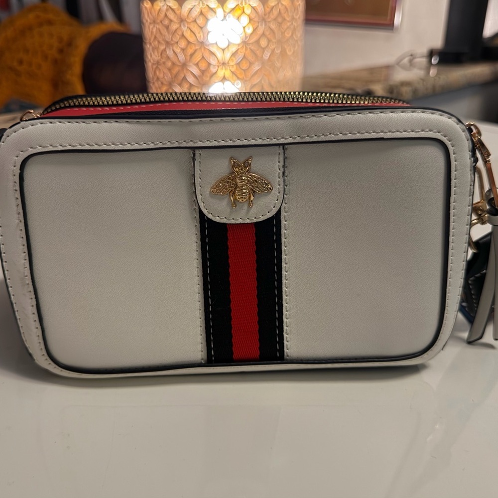 White Crossbody Bag with Red & Black Stripe and Bee Accent